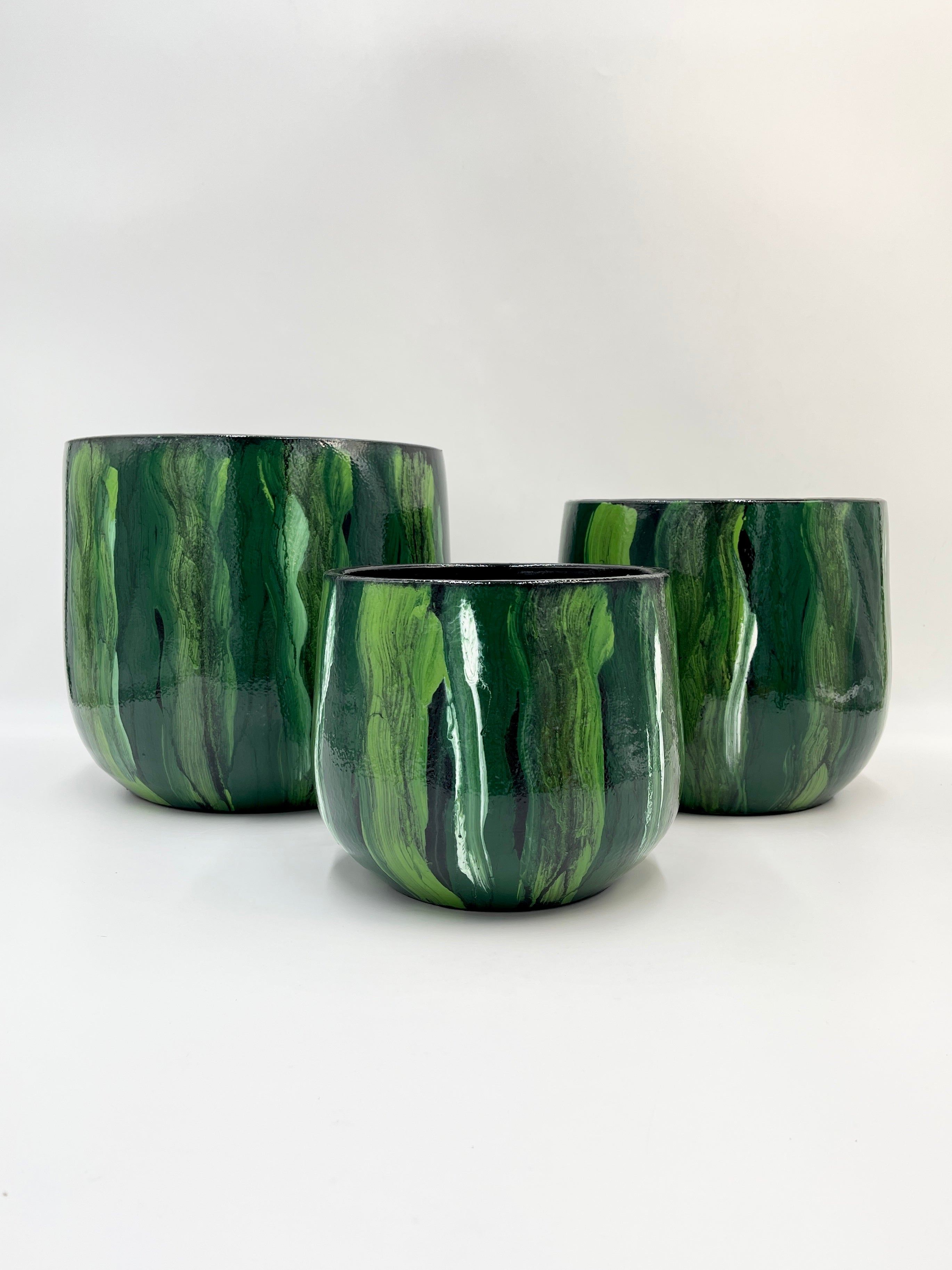 Stripe Plant Pot Nigel - Green Ceramic Pot - Multiple Sizes