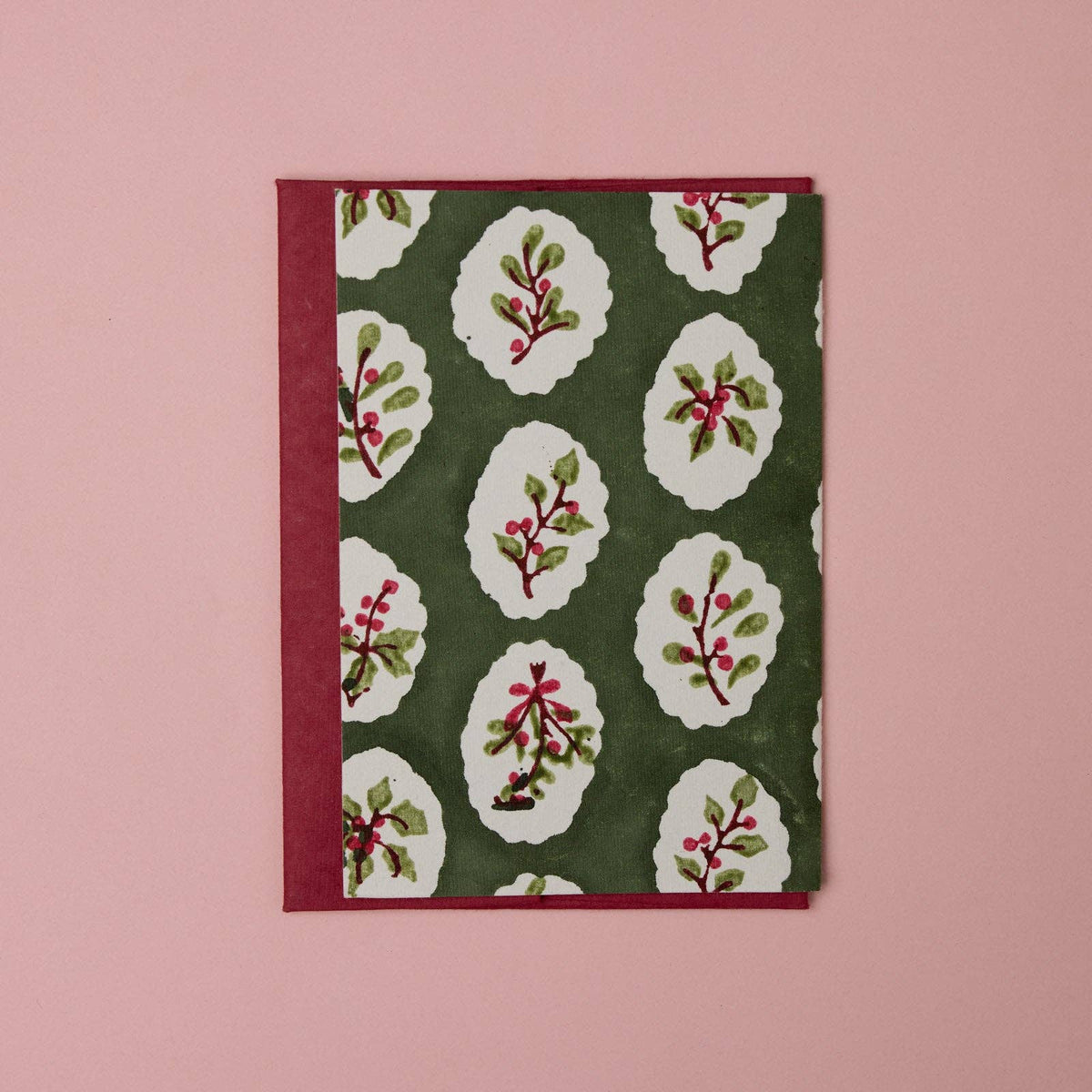 Block Printed Greeting Card - Scallop Tiles Holly Green