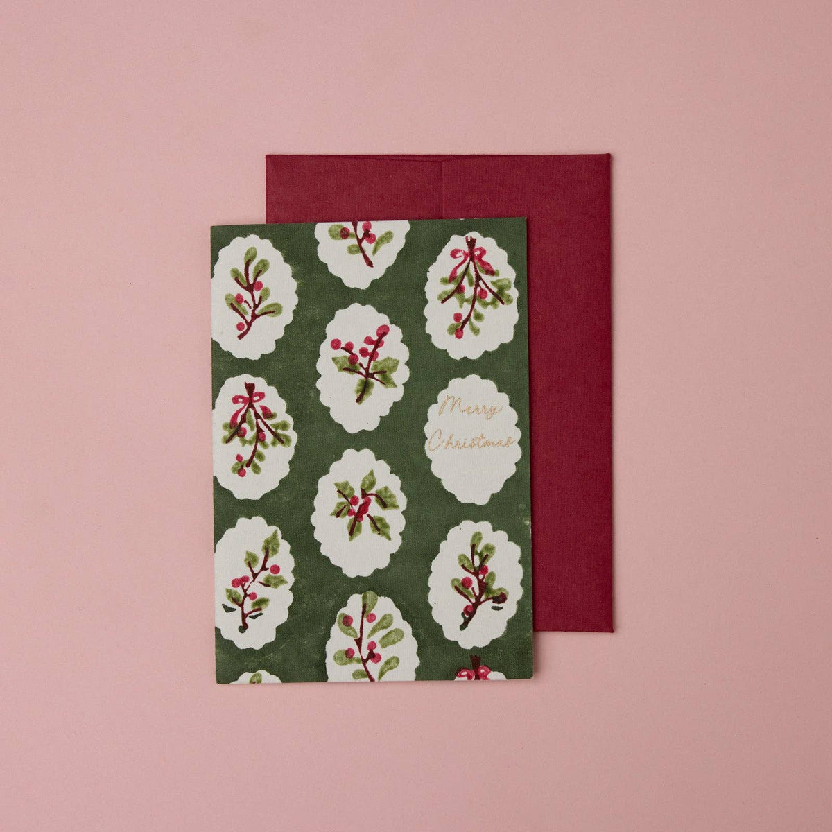 Block Printed Greeting Card - Scallop Tiles Holly Green