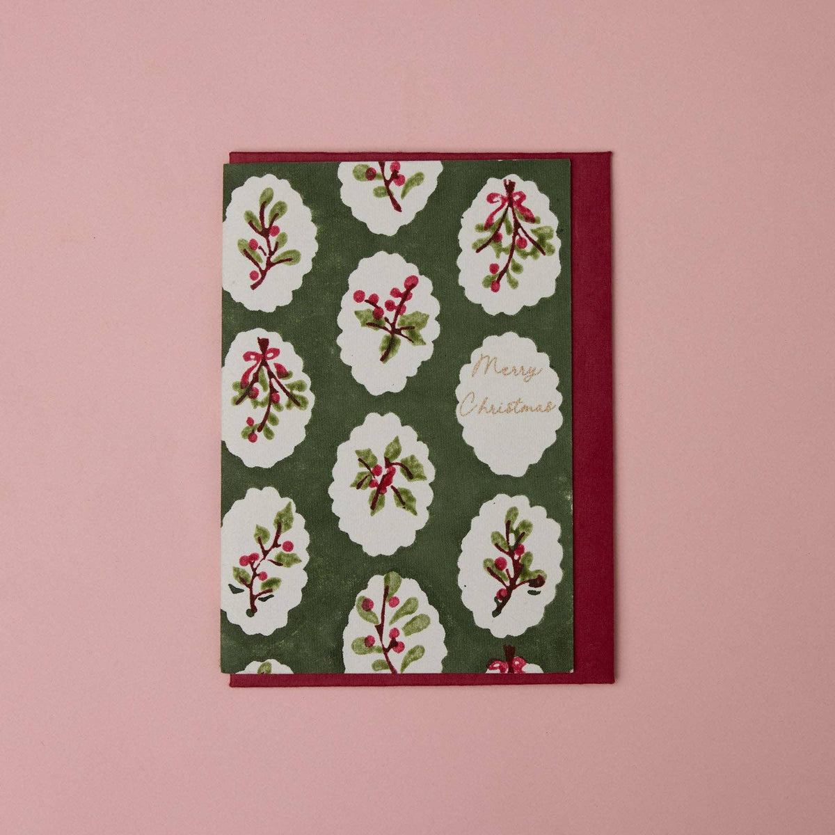 Block Printed Greeting Card - Scallop Tiles Holly Green