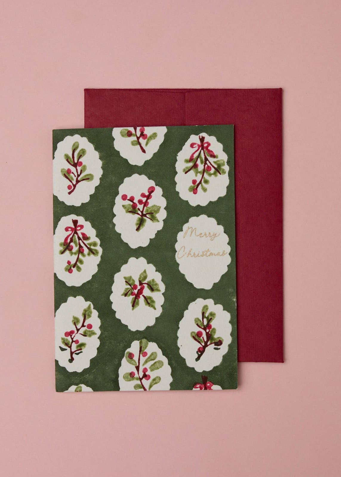 Block Printed Greeting Card - Scallop Tiles Holly Green - Rebel Plants
