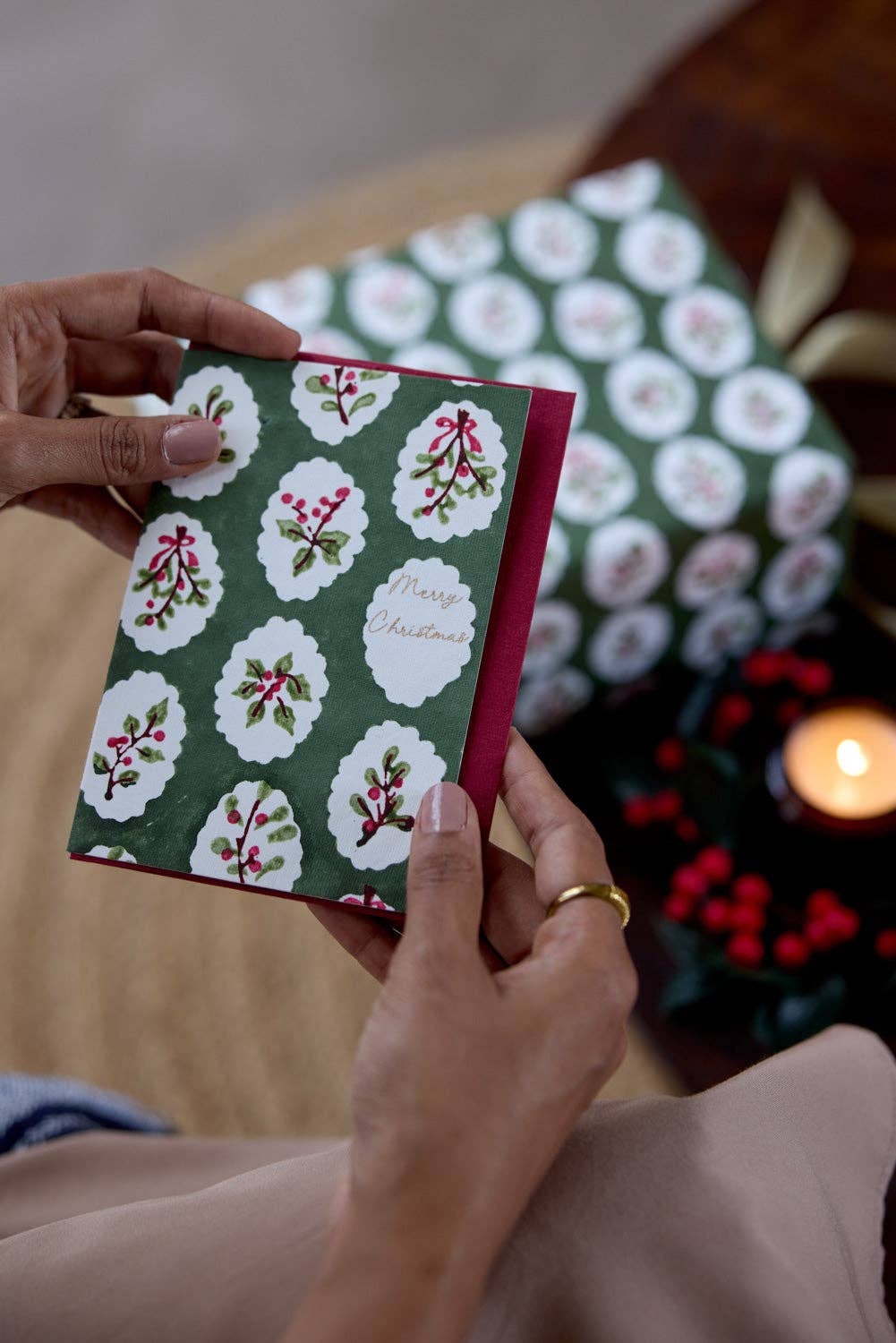 Block Printed Greeting Card - Scallop Tiles Holly Green - Rebel Plants