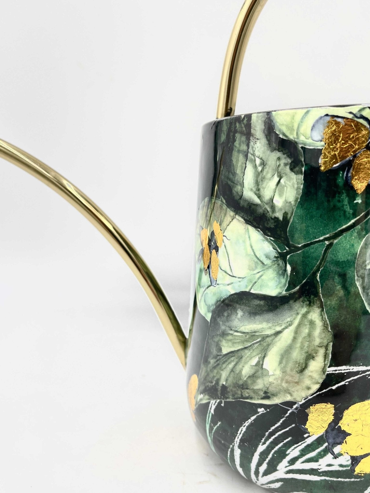 Lammie Bee Green designer watering can, emerald green metal with hand-applied leaf and bee motif and gold embellishments, H38cm, UK