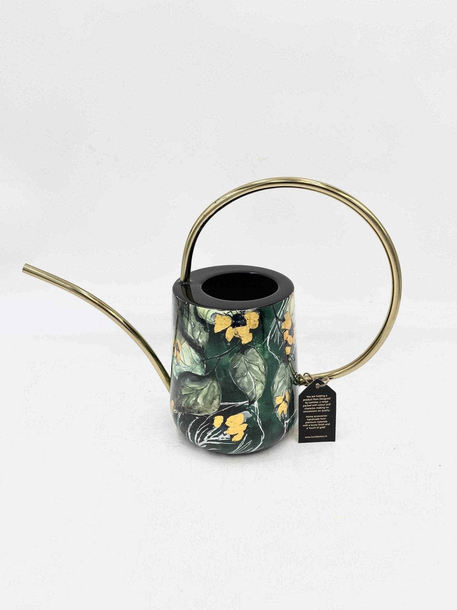 Lammie Bee Green designer watering can, emerald green metal with hand-applied leaf and bee motif and gold embellishments, H38cm, UK