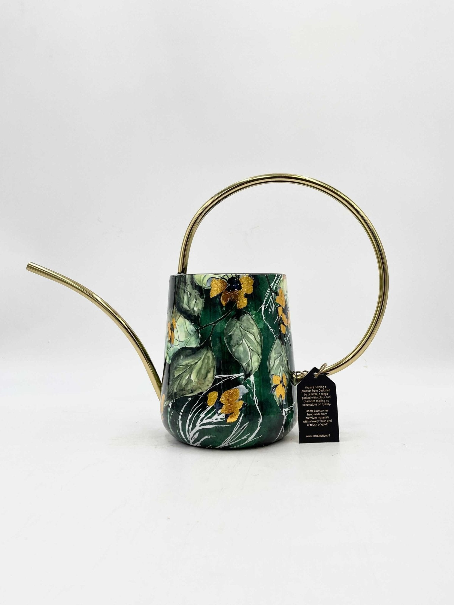 Lammie Bee Green designer watering can, emerald green metal with hand-applied leaf and bee motif and gold embellishments, H38cm, UK