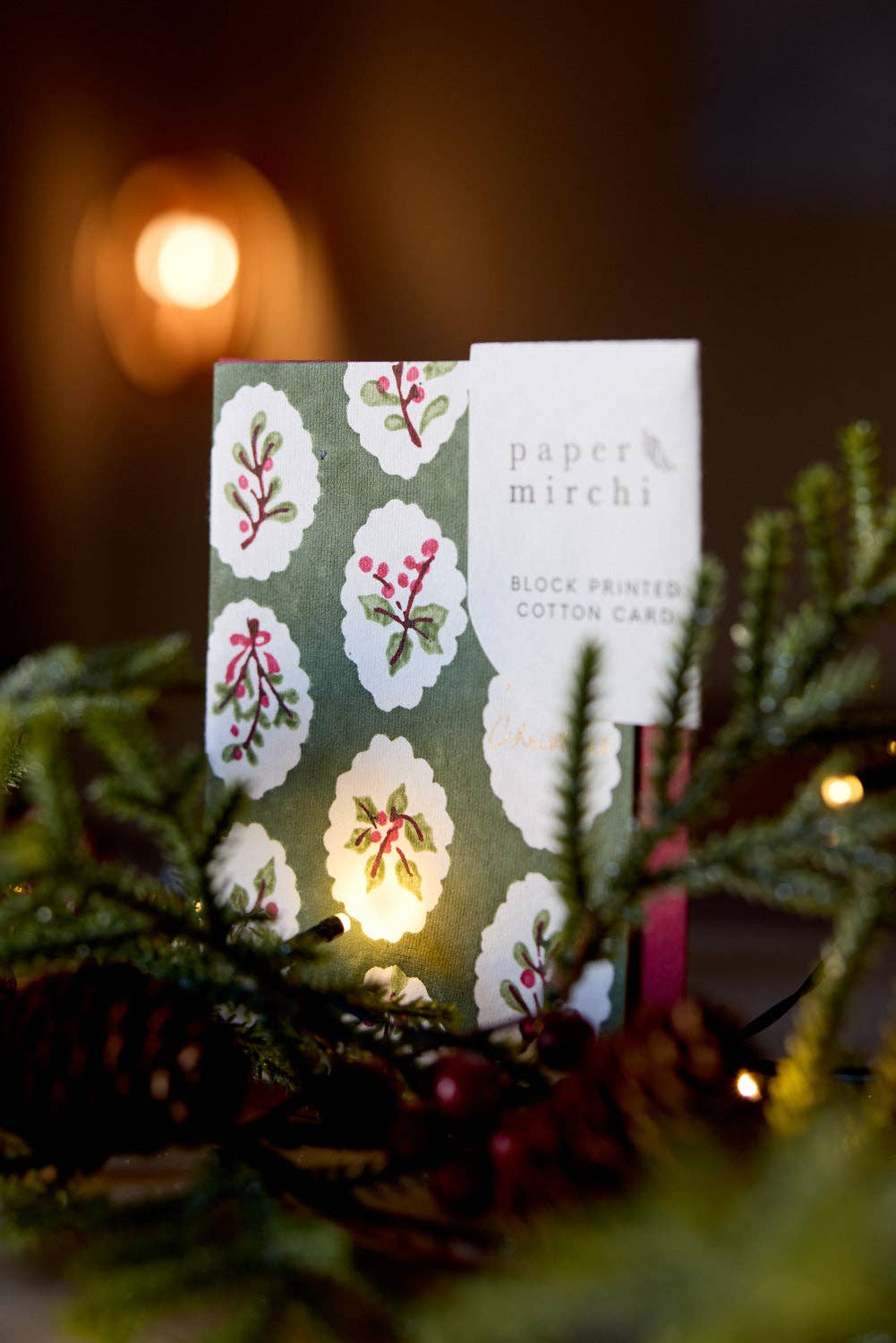 Block Printed Greeting Card - Scallop Tiles Holly Green