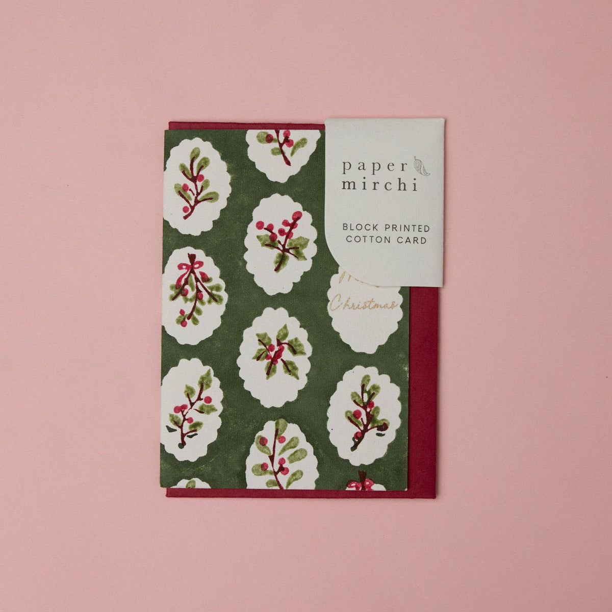 Block Printed Greeting Card - Scallop Tiles Holly Green